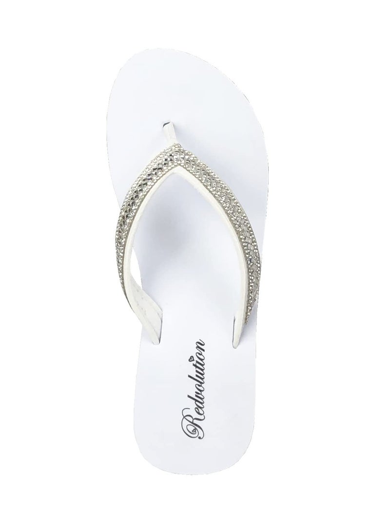 REDVOLUTION New Women's Bling Platforms Shoe T-Strap Wedge Jewel Sandals Flip Flops (6, GEM [White]) - Image 4